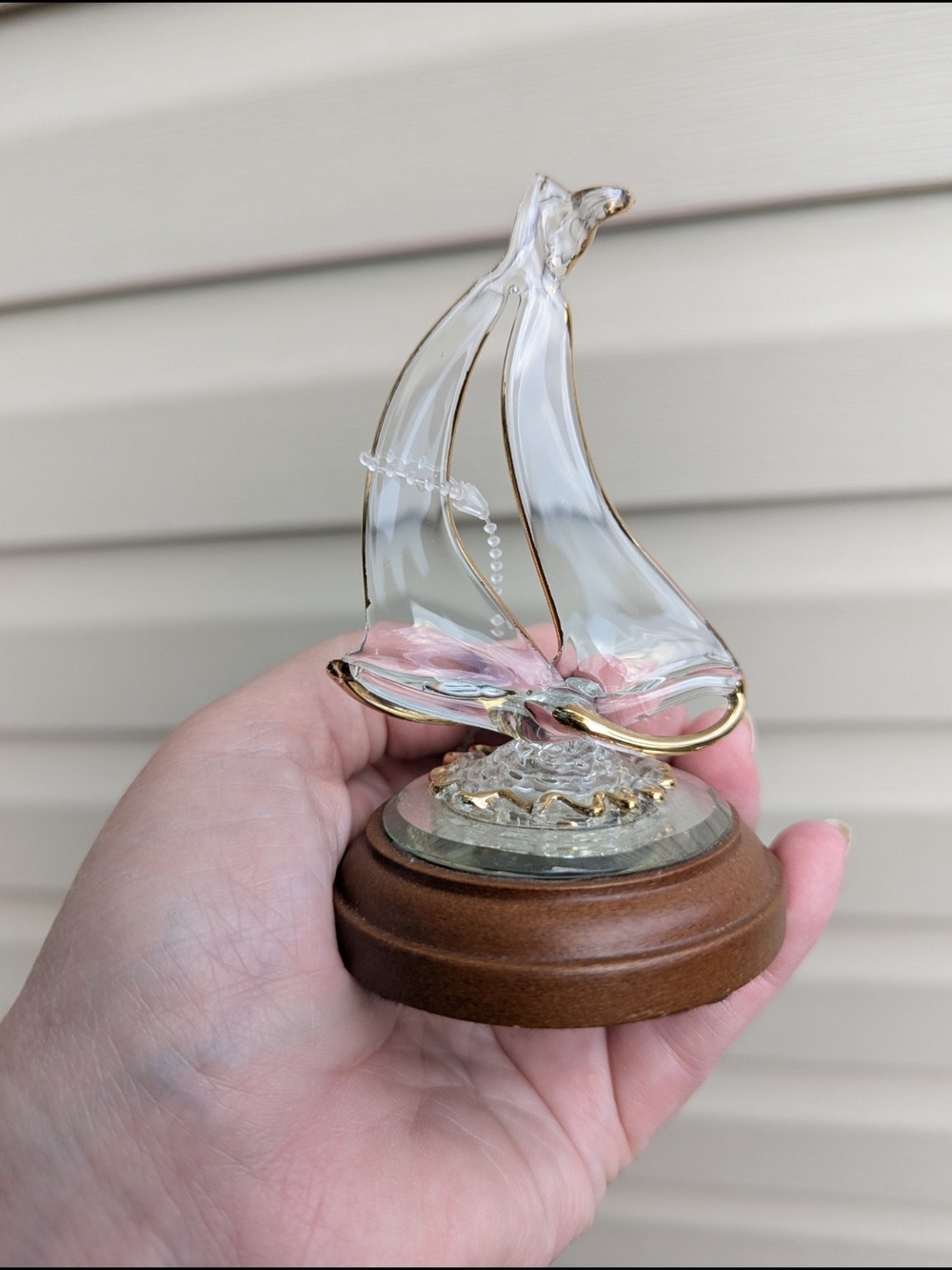Glass Sailboat Figurine with Gold Clear Accent - wind Up, Plays Music